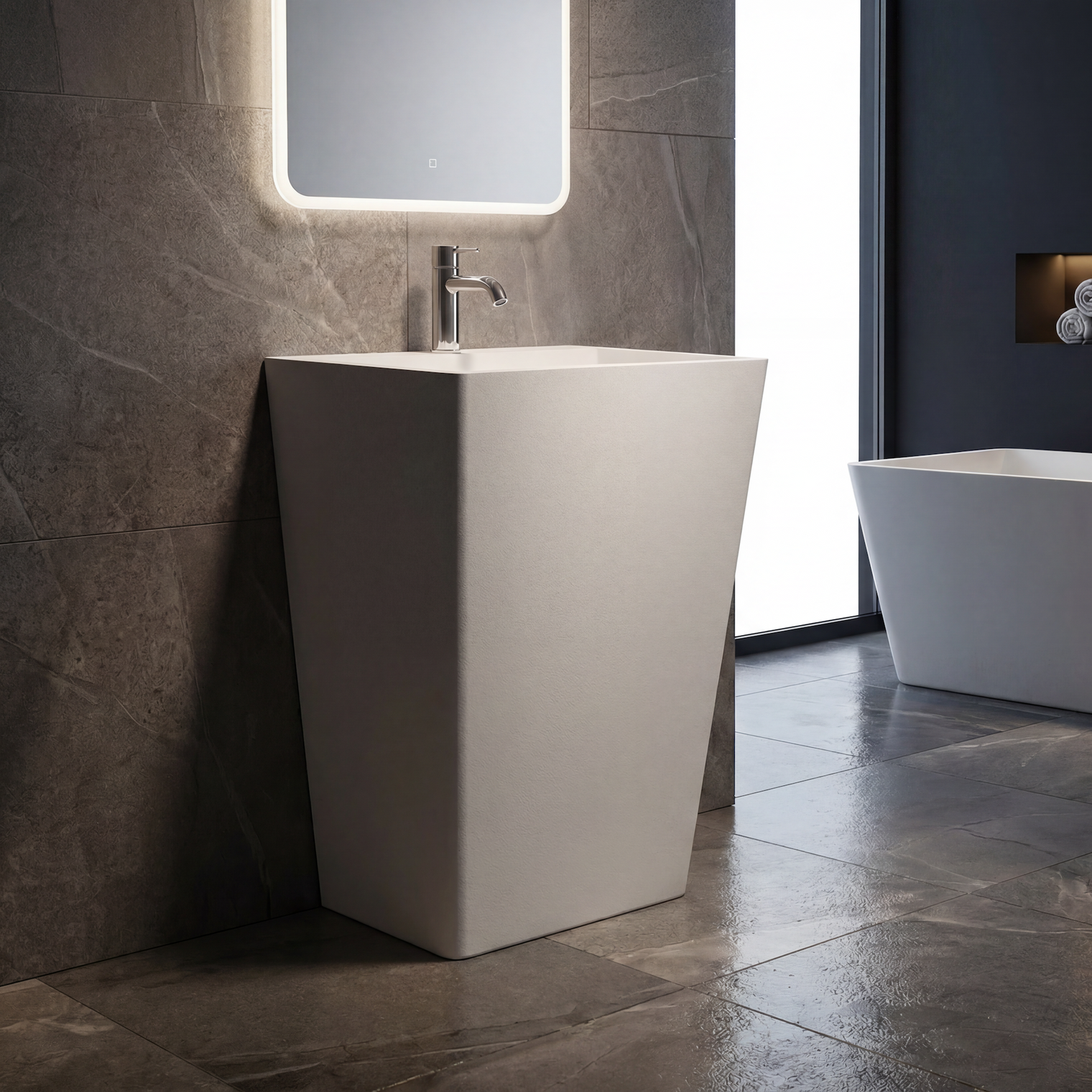 Modern bathroom with a freestanding sink and bathtub.