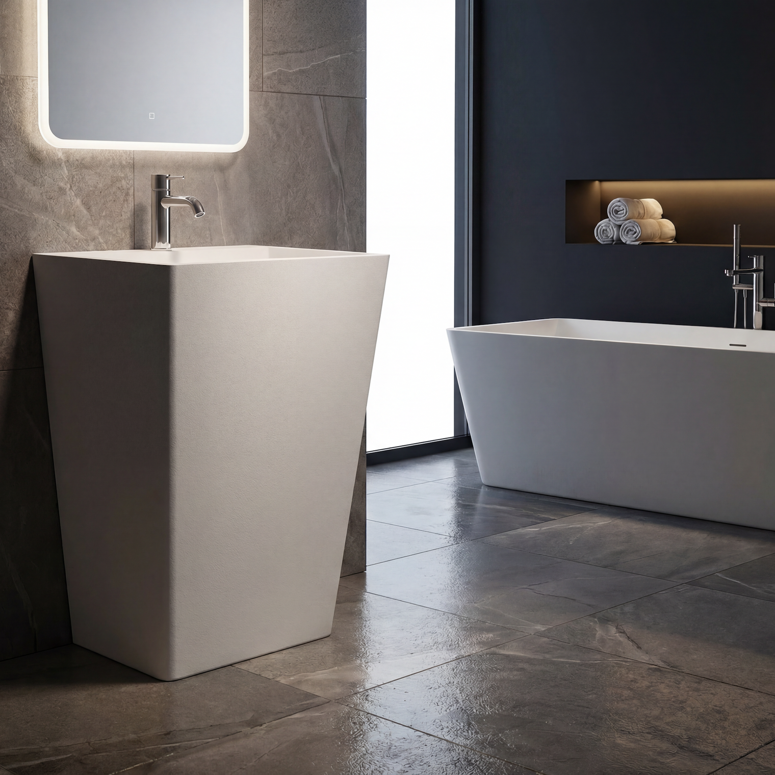 Modern bathroom with a freestanding sink and bathtub.