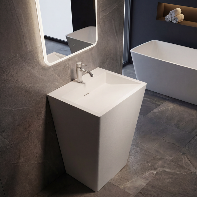 Modern bathroom with a freestanding sink and bathtub.