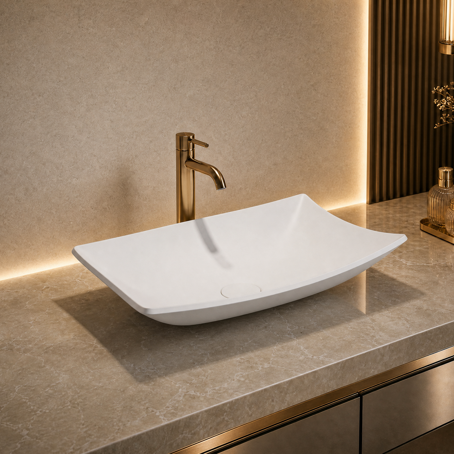 White rectangular Solid Surfaces sink on a gray countertop with a gold faucet in a modern bathroom setting.