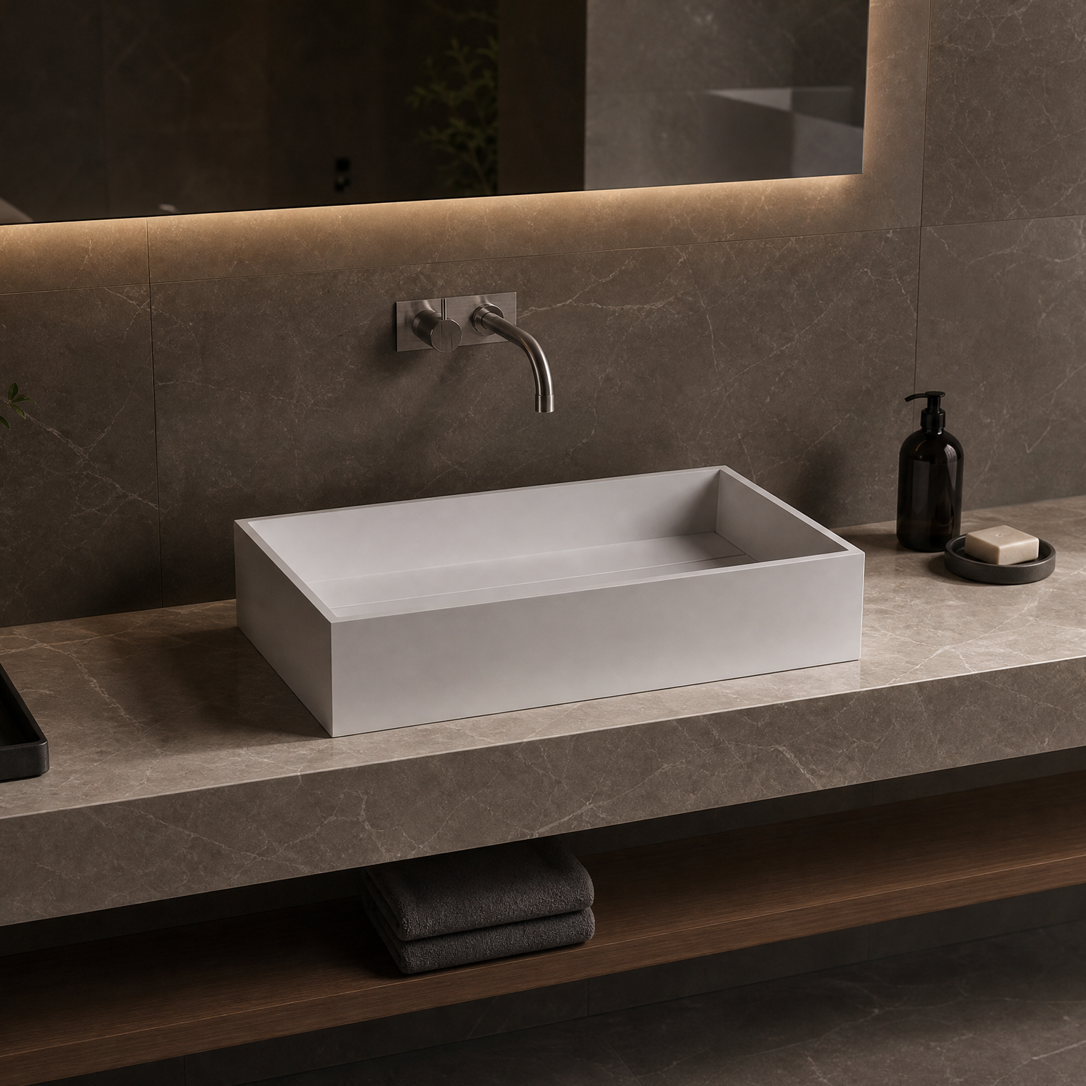 Bathroom vanity with a rectangular solid surfaces sink, faucet, and minimal decor.