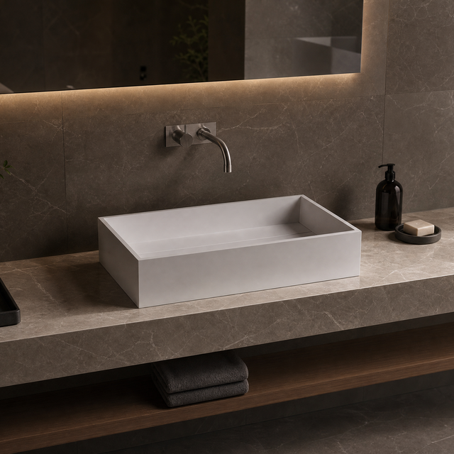 Bathroom vanity with a rectangular solid surfaces sink, faucet, and minimal decor.