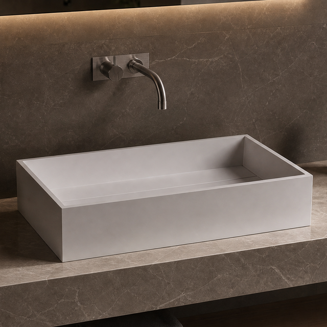Bathroom vanity with a rectangular solid surfaces sink, faucet, and minimal decor.