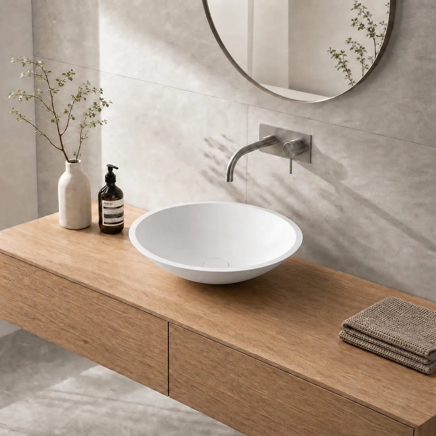Bathroom vanity with wooden countertop, white sink, and decorative items.