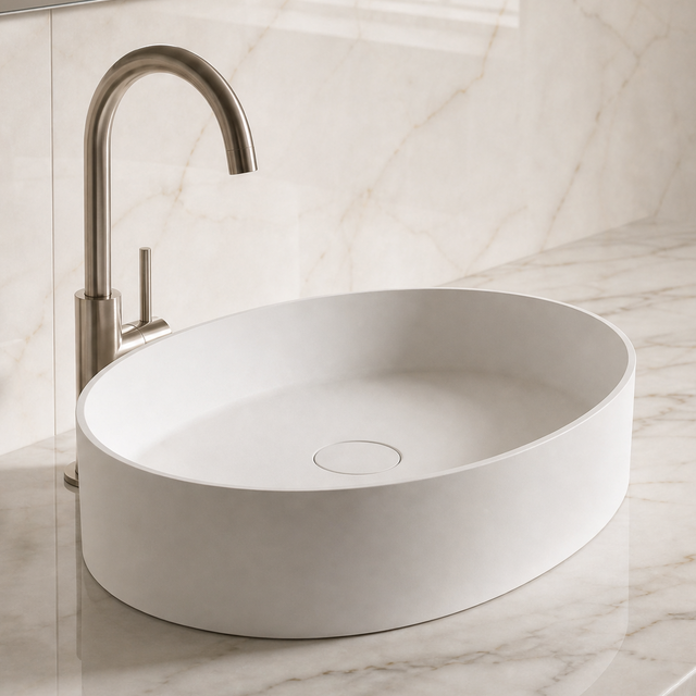 White Solid Surfaces oval sink on a marble countertop with a silver faucet.