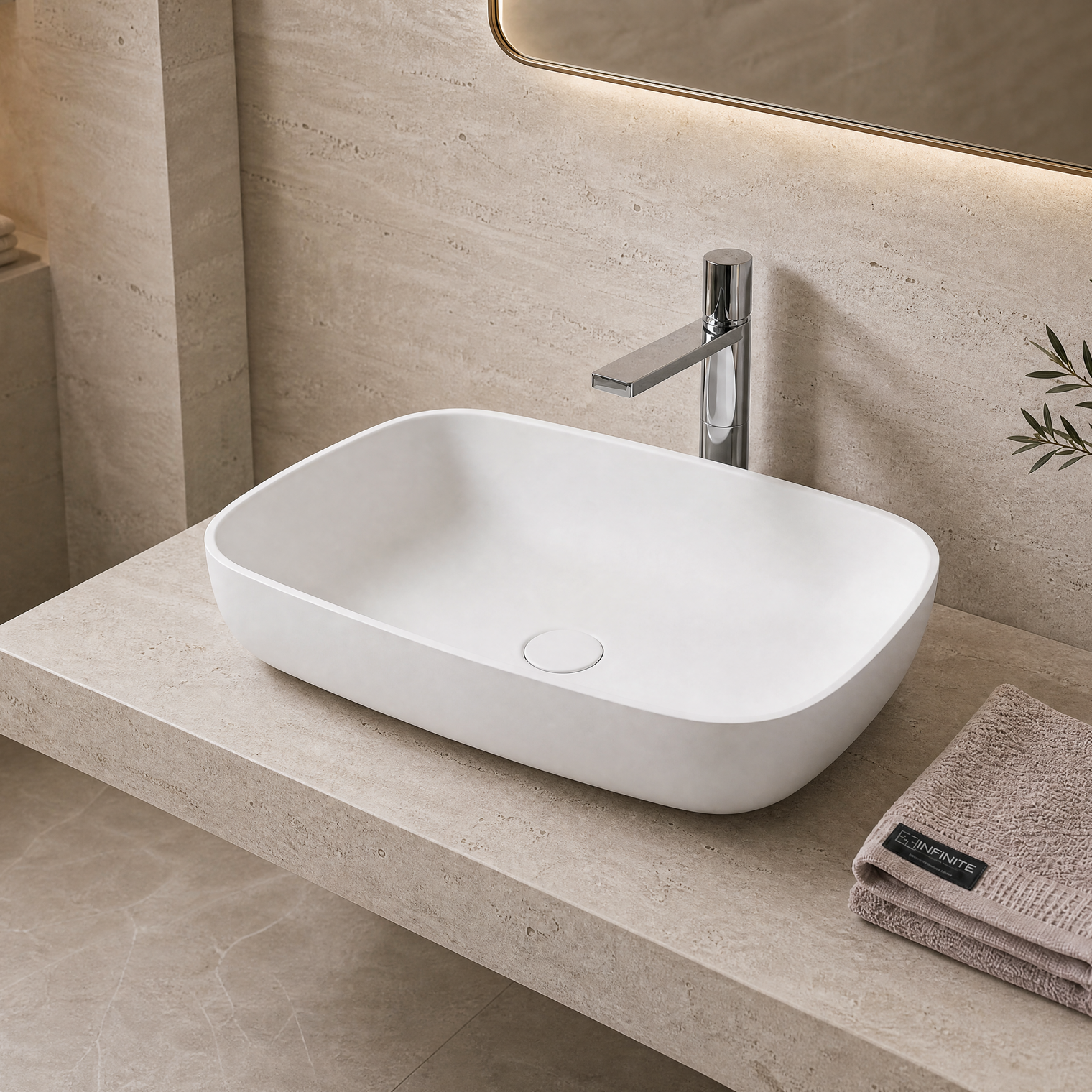 Modern bathroom with a white solid surfaces sink on a stone countertop, mirror, and towels.