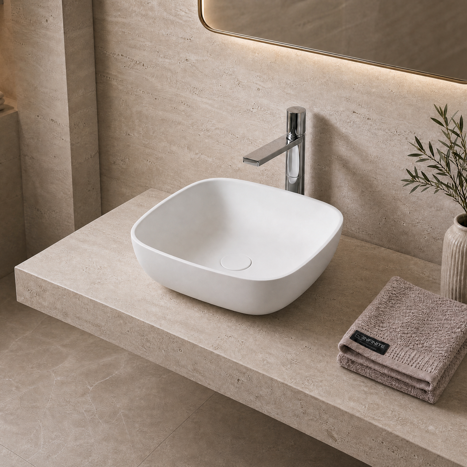 Bathroom vanity with white solid surfaces sink, faucet, and decorative elements.