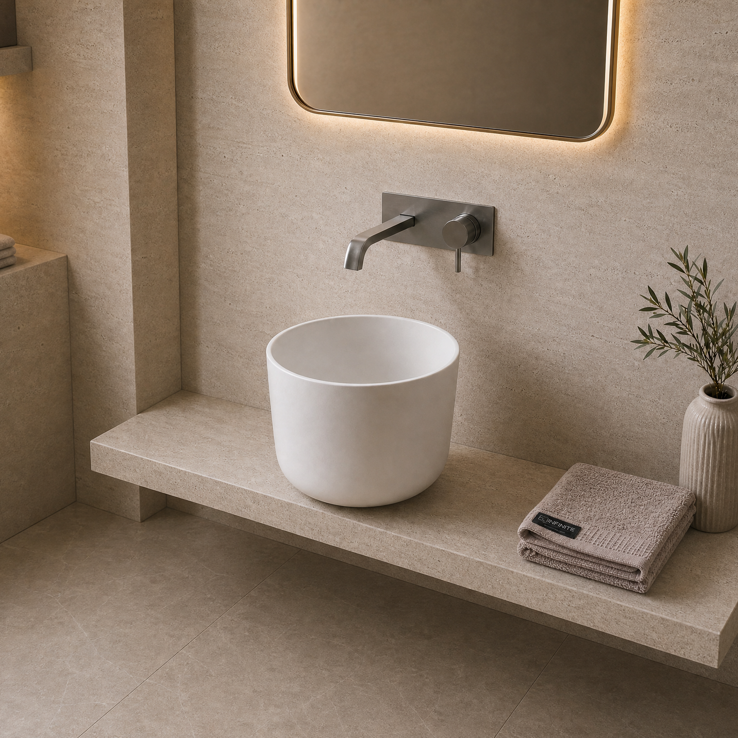 Modern bathroom with a white Solid Surfaces sink, towel, and decorative elements.