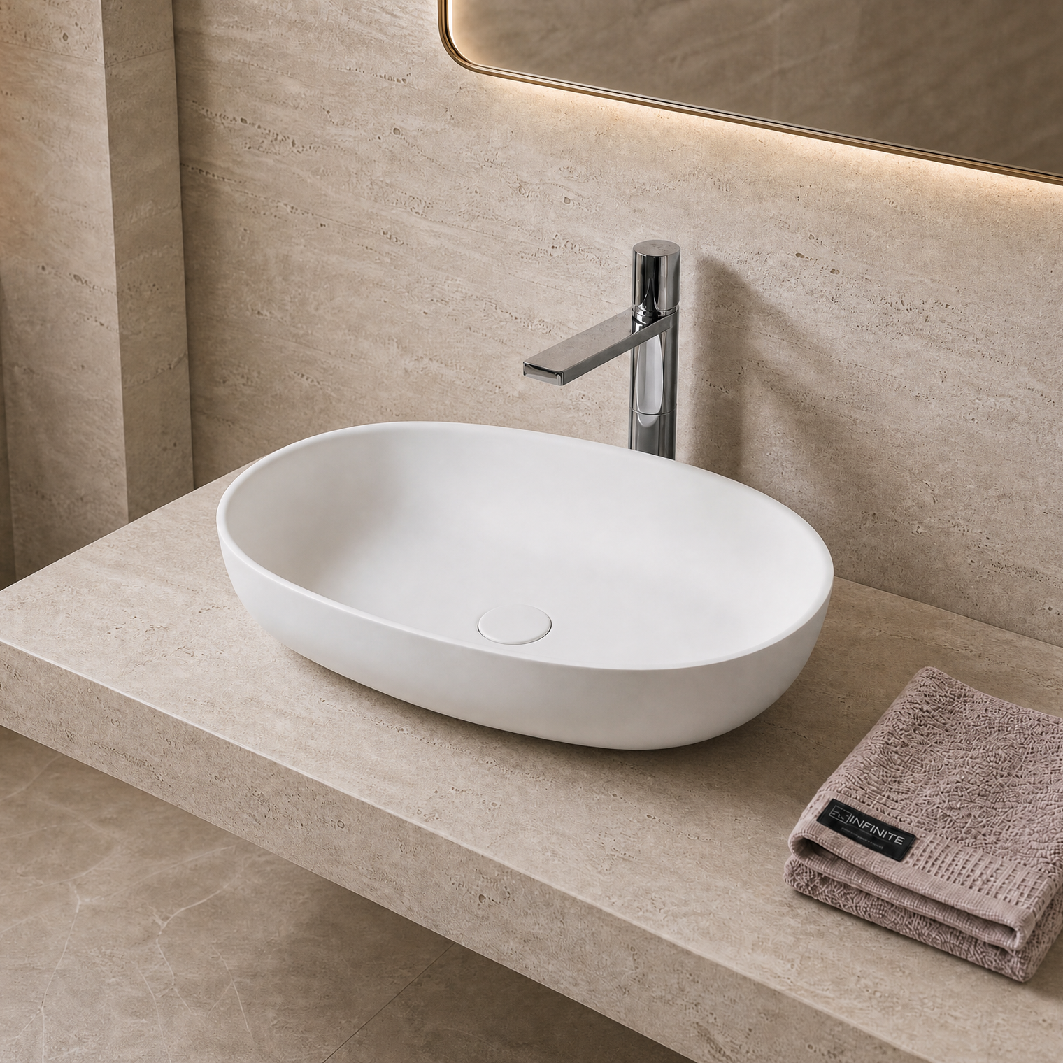 Bathroom Solid Surfaces sink with faucet and towel on a beige countertop
