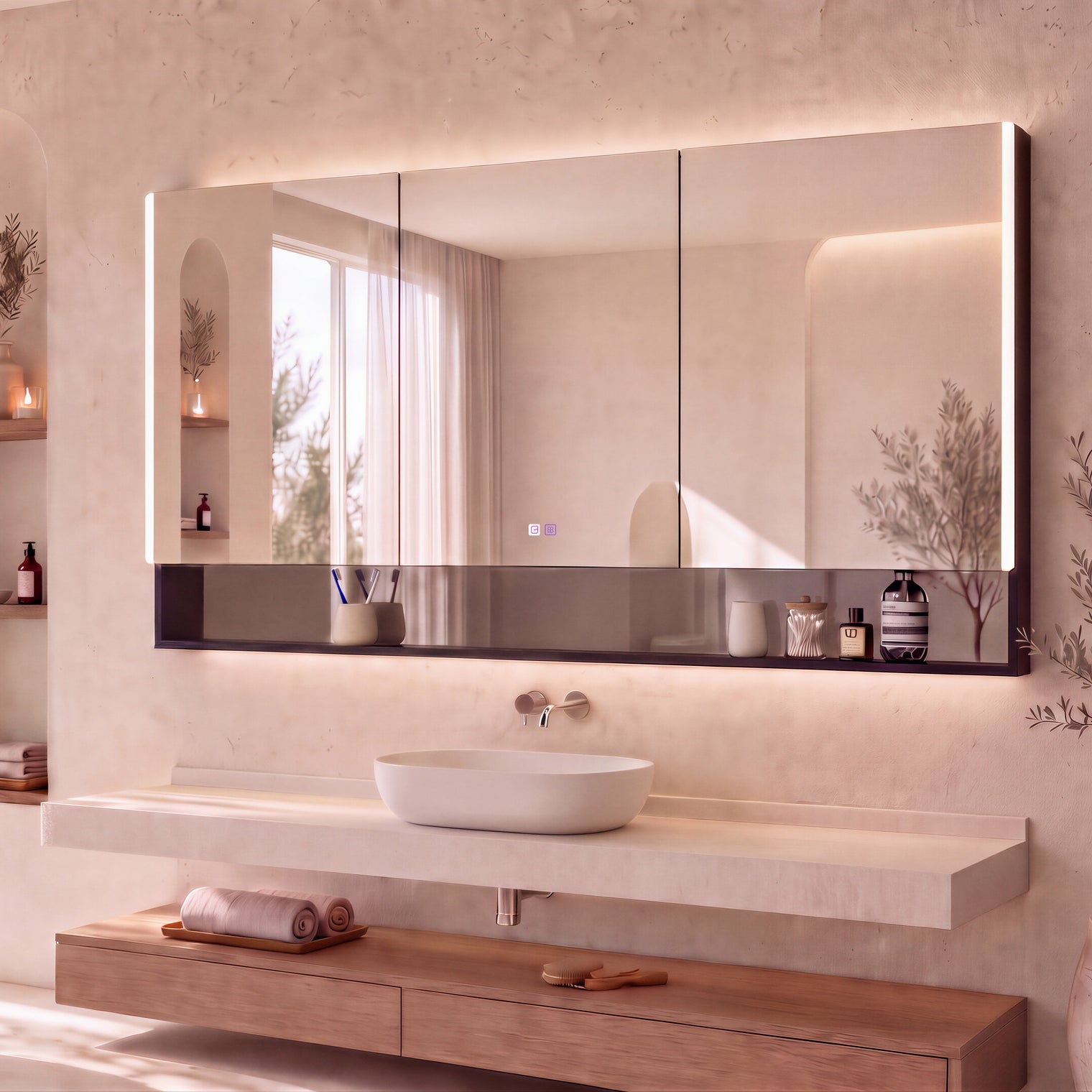 A modern bathroom vanity featuring a large rectangular wall mirror with a dark reflective base, mounted above a floating stone sink and wooden console. The room has warm beige textured walls, built-in shelves with candles and decor, and a window on the left with sheer curtains.