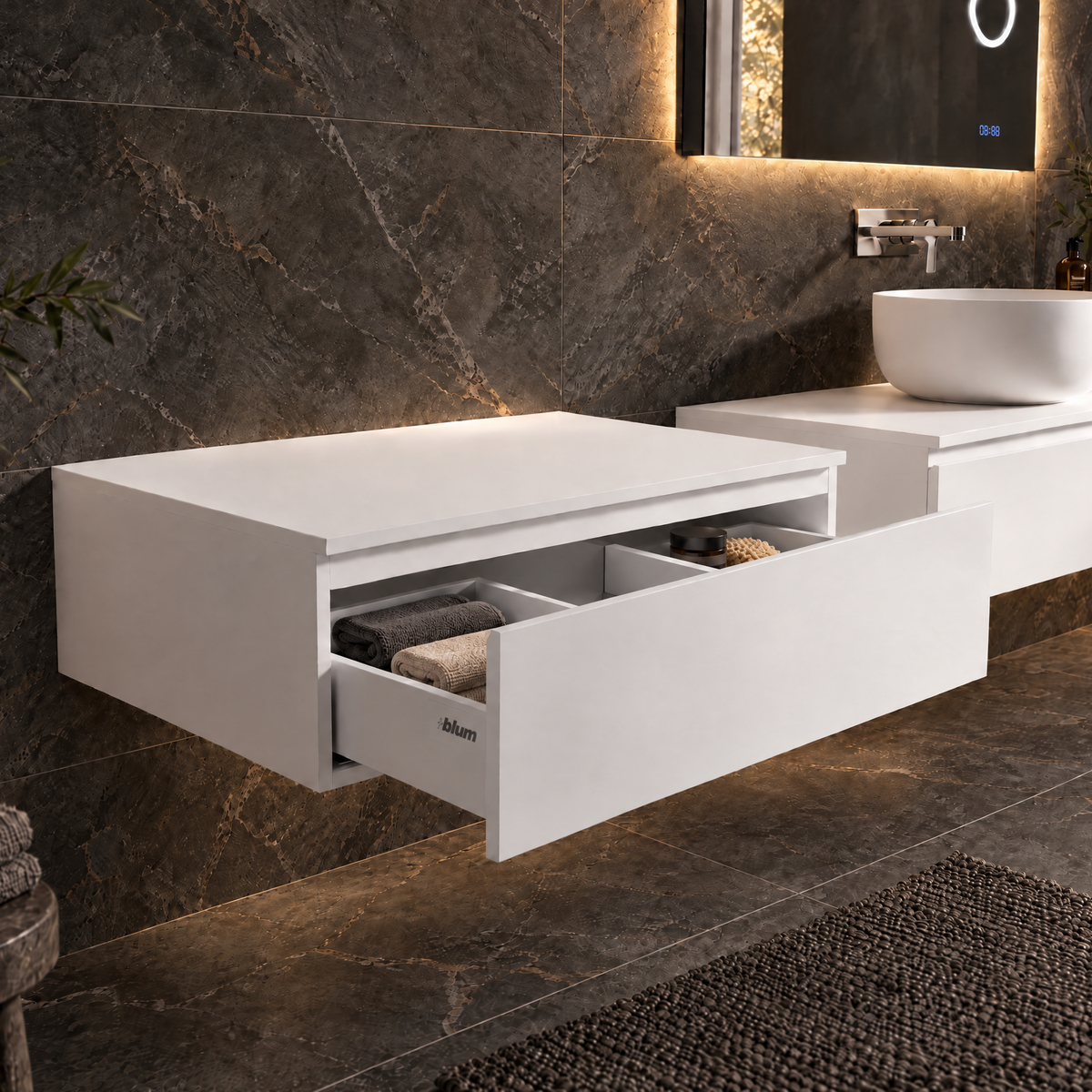 A modern floating bathroom vanity in matte white, shown installed against a dark marble wall. The vanity features a rectangular top with an open drawer pulled out to reveal folded towels, and a second drawer partially visible behind it.