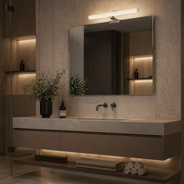 Modern bathroom with a vanity, mirror, and decorative elements.