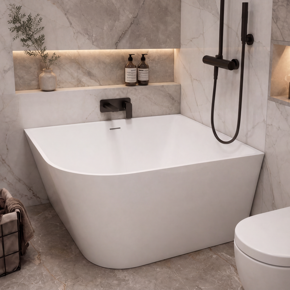 A modern freestanding bathtub in a marble-look bathroom with a black handheld shower, toilet, built-in shelves, and small decorative bottles.