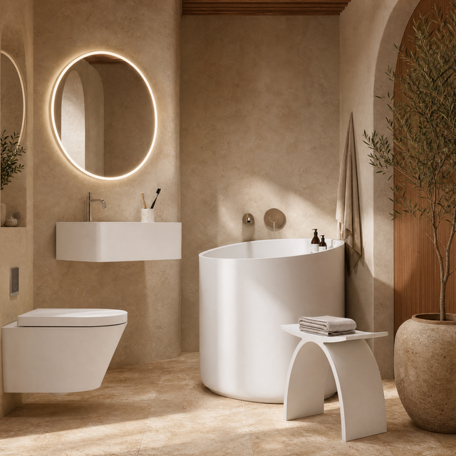 A luxury bathroom interior featuring a white freestanding bathtub, a wall-mounted white sink with an illuminated round mirror, a white wall-mounted toilet, and warm beige textured plaster walls and floor.