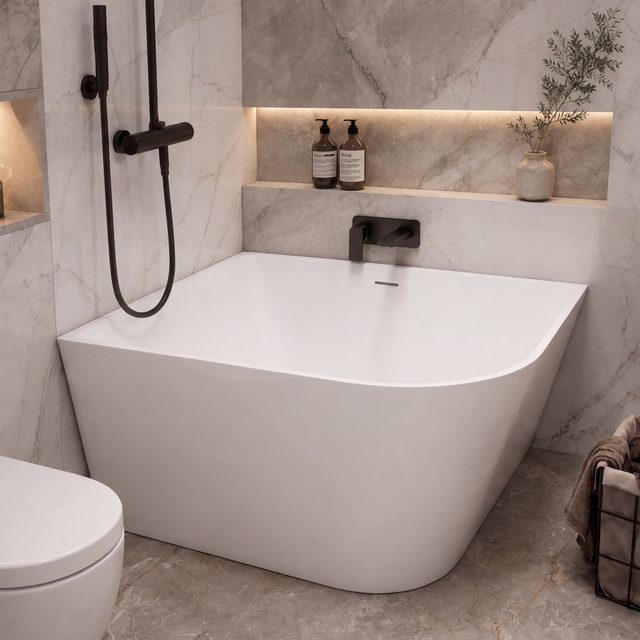 A modern freestanding bathtub in a marble-look bathroom with a black handheld shower, toilet, built-in shelves, and small decorative bottles.
