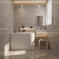 A modern bathroom interior with large gray stone-look tiles, a white freestanding bathtub, a white wall-mounted vanity with a mirror, and soft warm lighting.