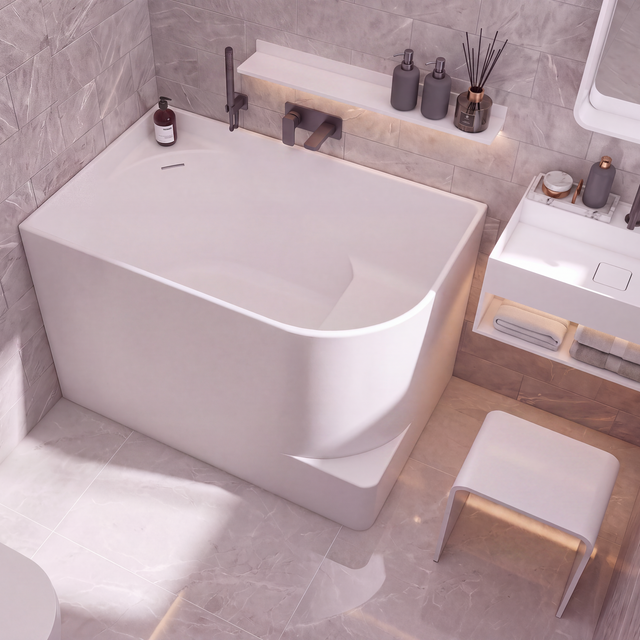 A modern freestanding bathtub in a minimalist bathroom setting with gray marble-look tiled walls and floor, a white vanity, and a small white stool.
