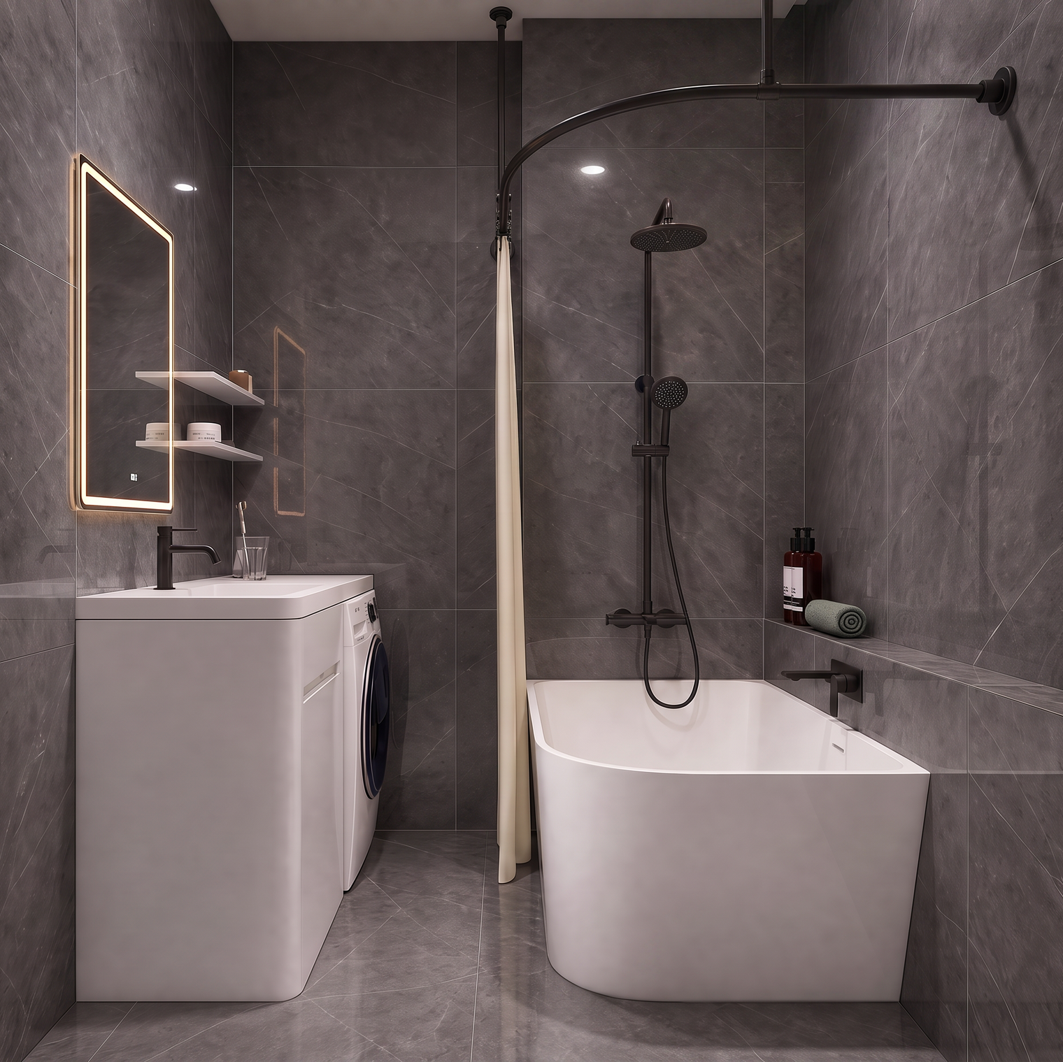 Modern bathroom interior with dark gray stone-look tiles, a freestanding white bathtub, a white vanity cabinet with sink and mirror, and a curved black shower rod.