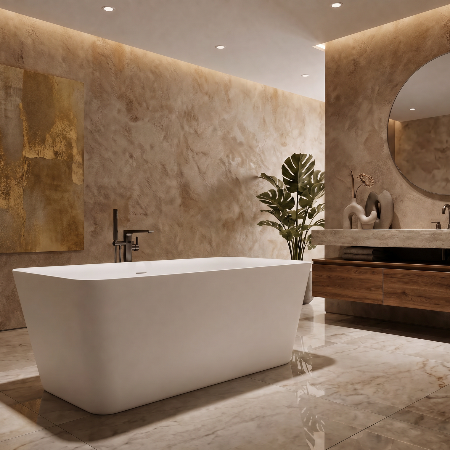 A modern freestanding white bathtub in a luxurious bathroom with textured beige stone walls, a large gold-toned abstract painting, a round wall mirror, and a wooden vanity.