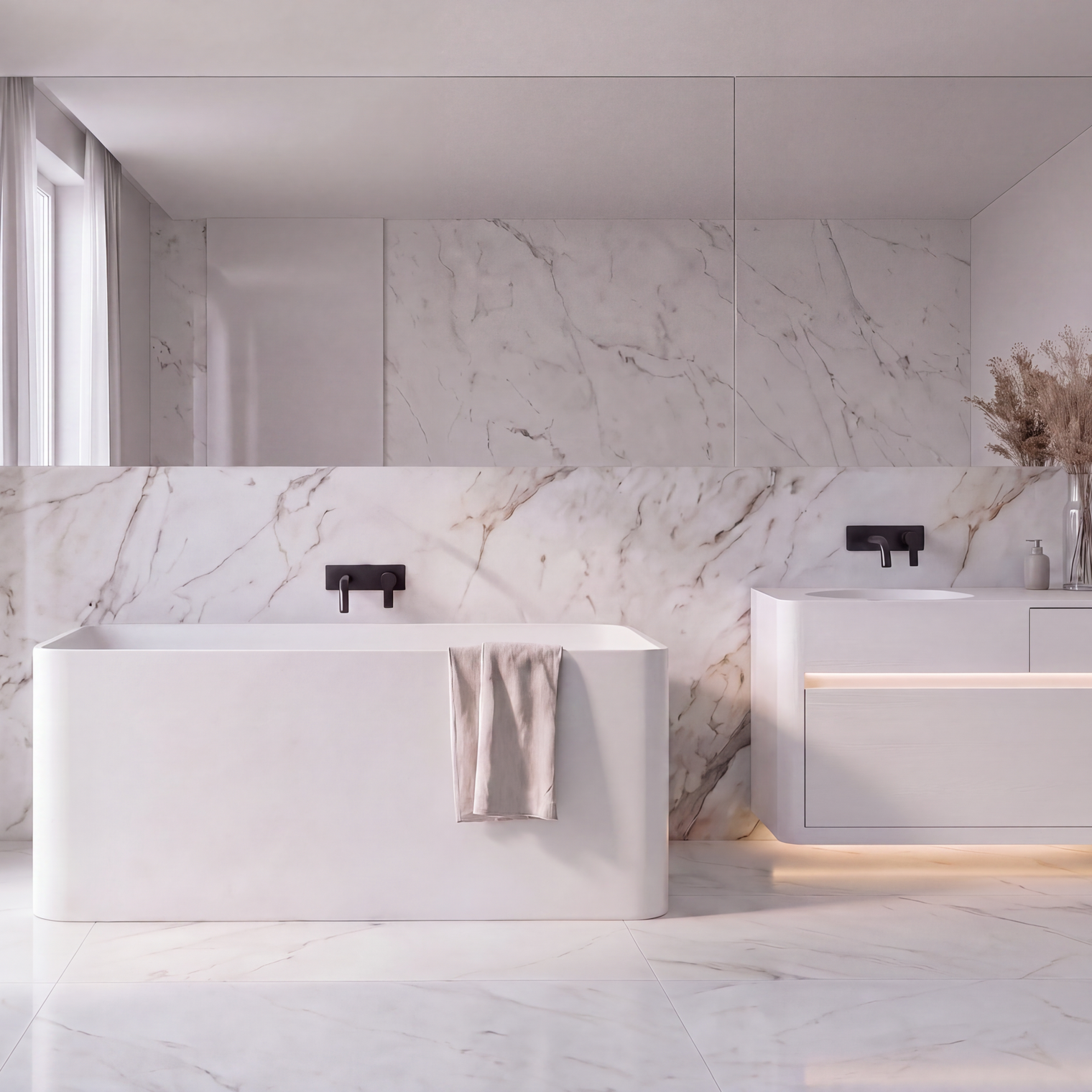 A modern bathroom interior with a white freestanding bathtub, a matching white vanity cabinet with integrated sink, marble-look wall and floor, black faucet fixtures, sheer curtains, and a mirror.