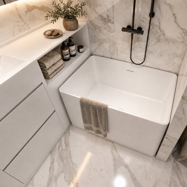 A modern freestanding white bathtub installed in a marble bathroom, with a black wall-mounted shower fixture, beige towels, a vanity shelf with toiletries, and a woven basket on the floor.