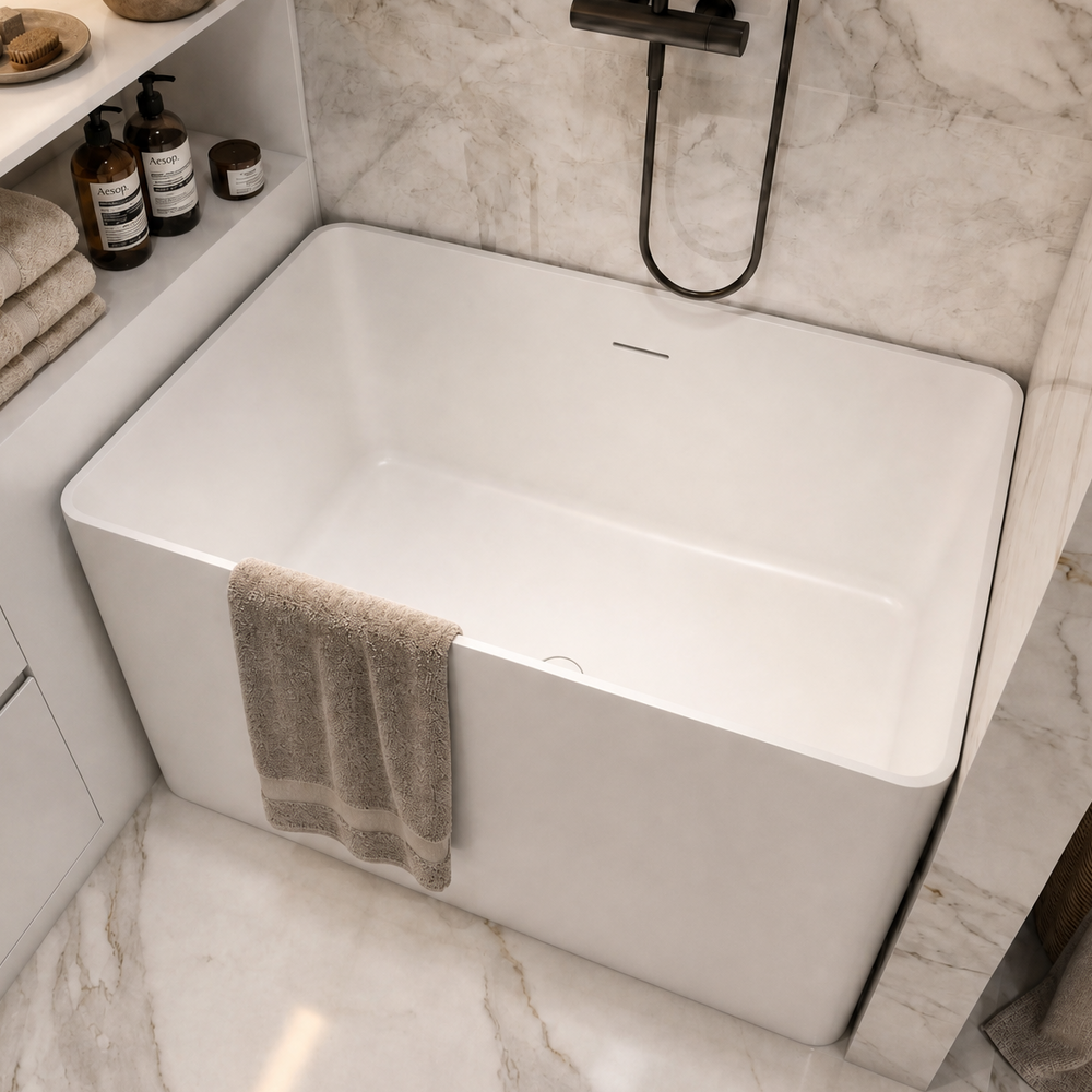 A modern freestanding white bathtub installed in a marble bathroom, with a black wall-mounted shower fixture, beige towels, a vanity shelf with toiletries, and a woven basket on the floor.