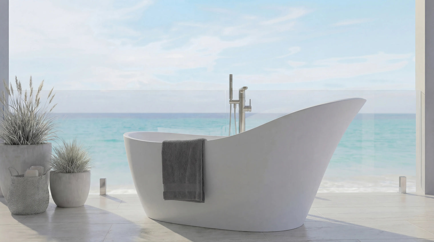 Modern freestanding bathtub with a view of the ocean