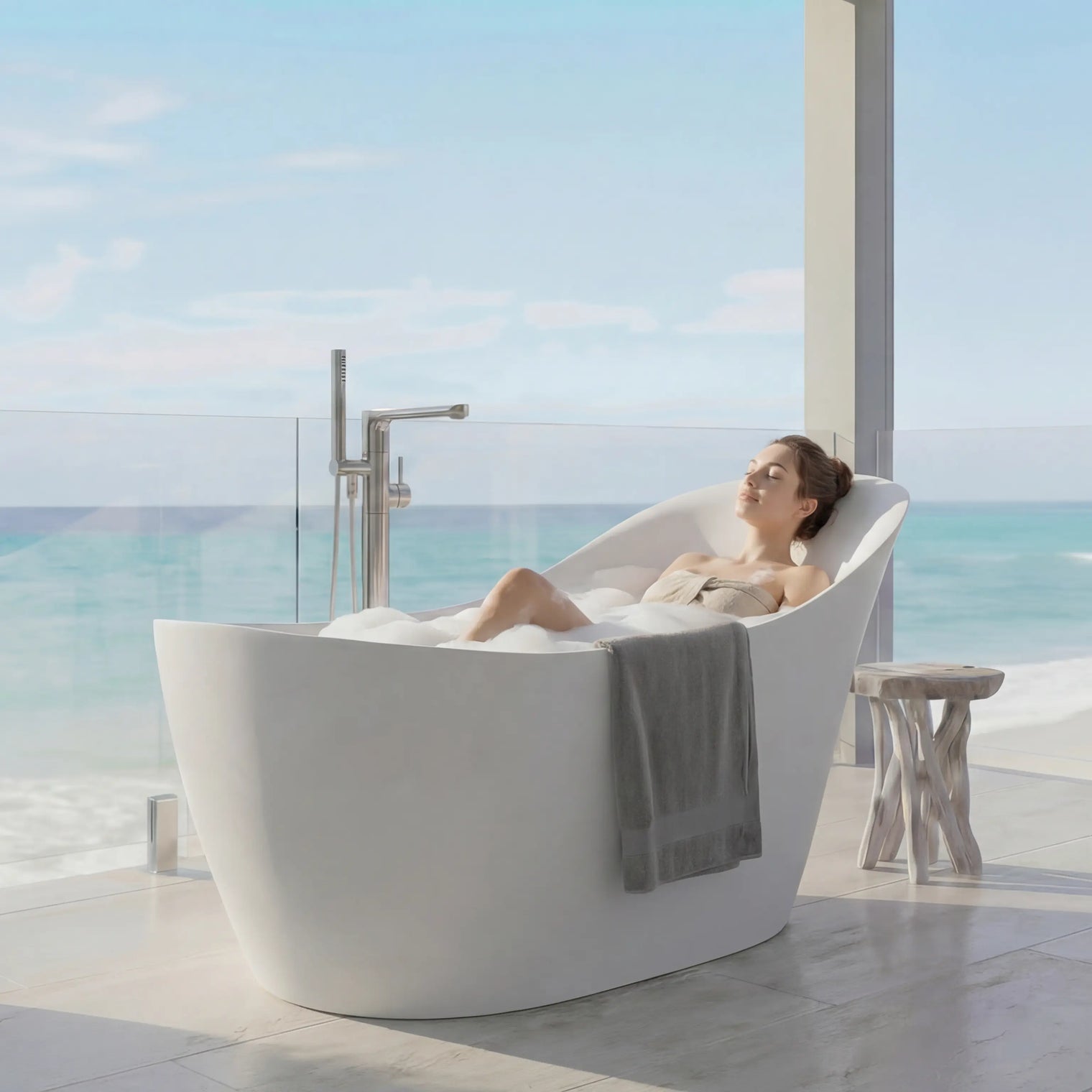 Woman relaxing in a freestanding bathtub with a scenic ocean view.