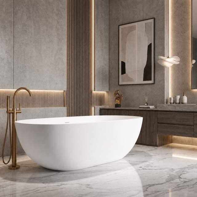 A modern freestanding oval bathtub in white with a brushed gold faucet, set in a contemporary bathroom with gray stone walls and marble flooring.