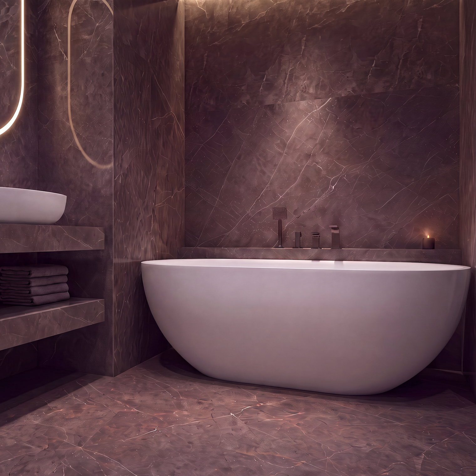 A modern freestanding oval bathtub in a dark, luxurious bathroom with brown marble walls and floor, featuring a floating vanity with a white vessel sink and a glowing LED mirror.