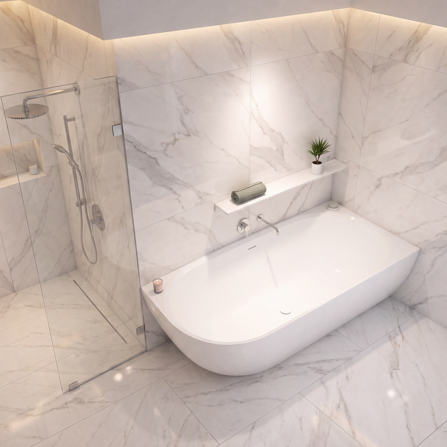 A modern freestanding bathtub in a bright marble-tiled bathroom with a glass shower door and built-in shelf.