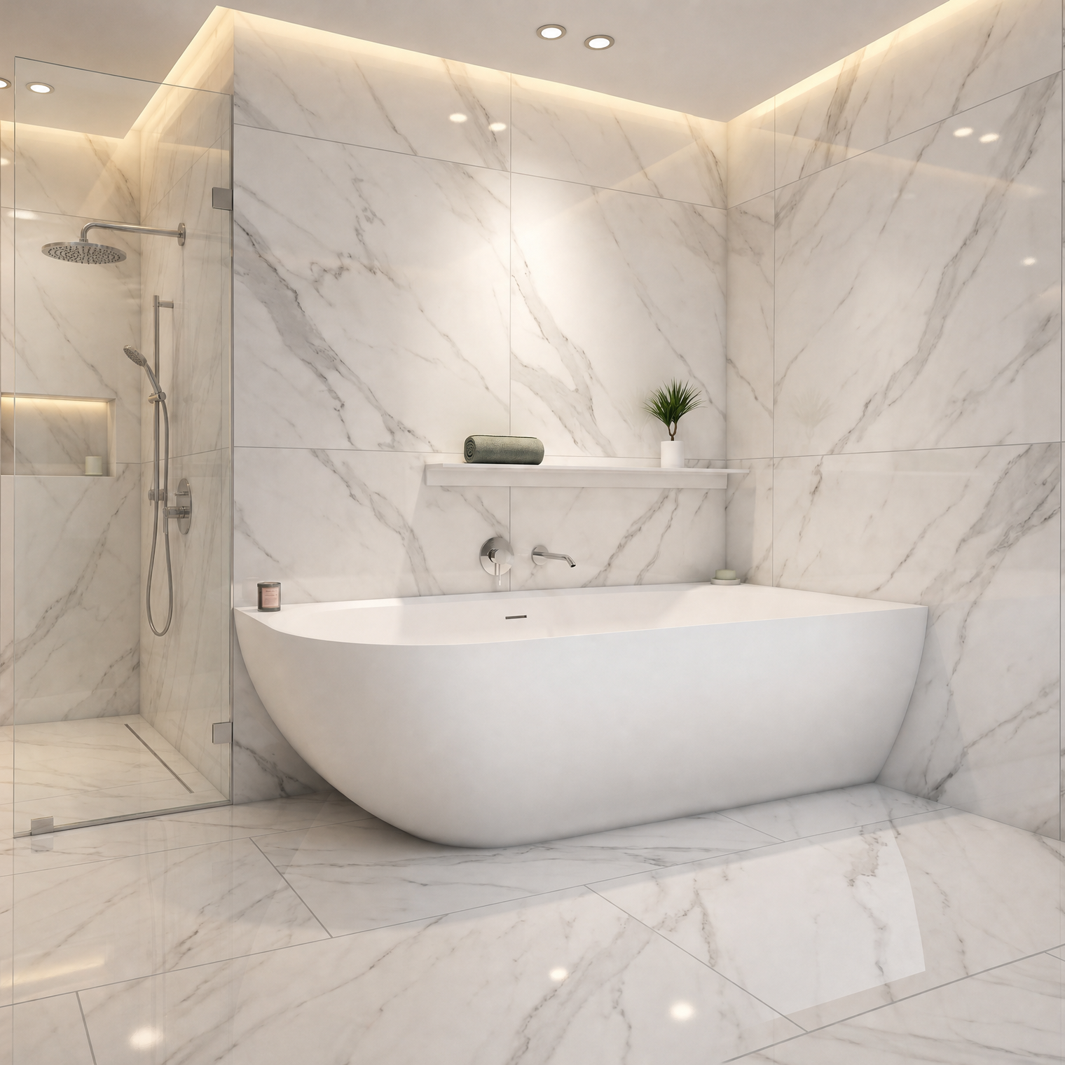 A modern freestanding bathtub in a bright marble-look bathroom with matching tiled walls and floor, a glass shower enclosure, and built-in shelving.