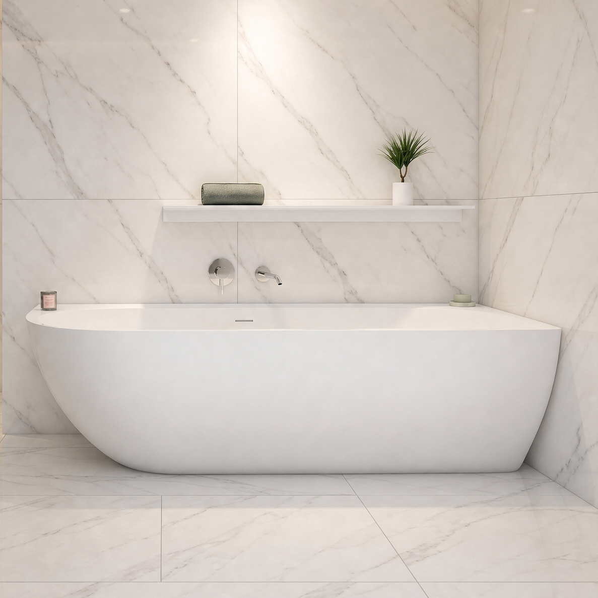 A modern freestanding bathtub in a bright marble-look bathroom with a glass shower enclosure, recessed lighting, and built-in shelf details.