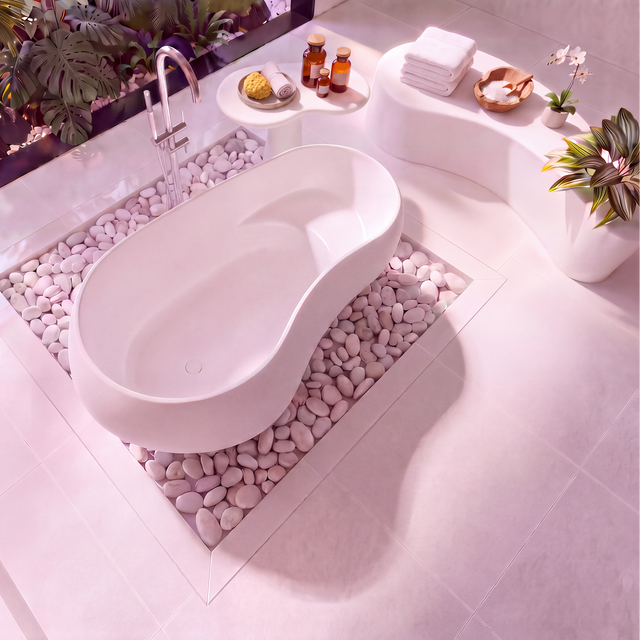 A modern freestanding oval bathtub in matt white, set on a bed of white pebbles in a bright, minimalist bathroom with tropical plants and white fixtures.