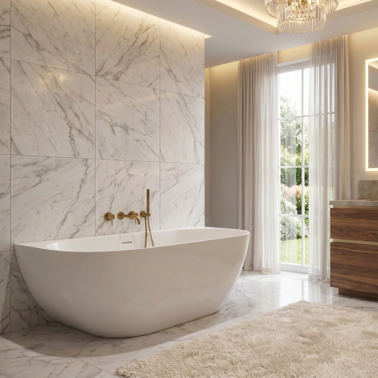 A luxury modern bathroom featuring a white freestanding bathtub set against a large white marble tiled wall, with a wooden vanity, illuminated mirror, and a soft beige rug on the floor.