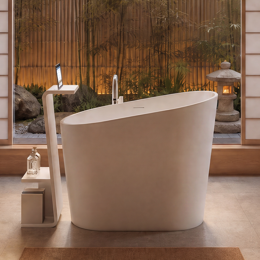 A modern freestanding oval bathtub in a minimalist, warm-toned bathroom with wood walls, dual pedestal sinks, a glass shower enclosure, and a large window overlooking bamboo.