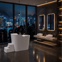 A modern bathroom interior with a white freestanding toilet paper holder and matching white step stool in front of large floor-to-ceiling windows overlooking a nighttime city skyline. The room has dark stone walls and floor, illuminated rectangular mirrors, a double vessel sink vanity, shelving, and a potted tree.