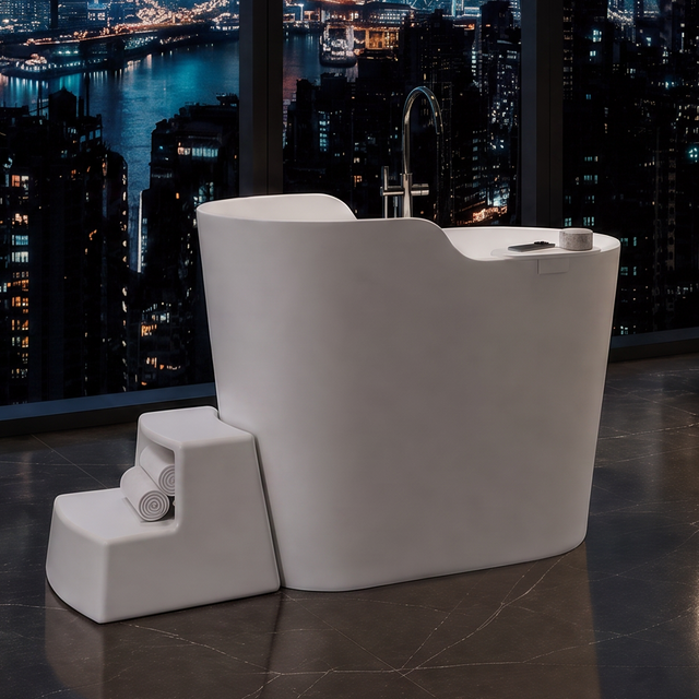 A modern bathroom interior with a white freestanding toilet paper holder and matching white step stool in front of large floor-to-ceiling windows overlooking a nighttime city skyline. The room has dark stone walls and floor, illuminated rectangular mirrors, a double vessel sink vanity, shelving, and a potted tree.