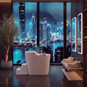 A modern bathroom interior with a white freestanding bathtub and matching white vessel sinks under illuminated mirrors, set in a dark room with a large floor-to-ceiling window overlooking a glowing city skyline at night.