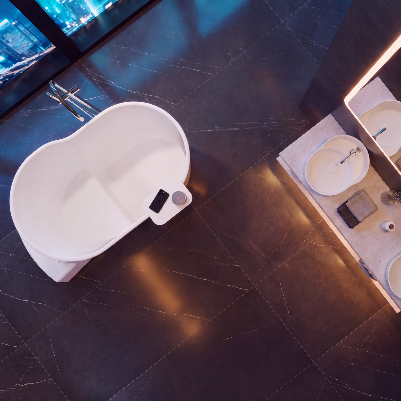 A modern bathroom scene with a white freestanding bathtub on a dark tiled floor and a double vanity with illuminated rectangular mirrors and sink basins.