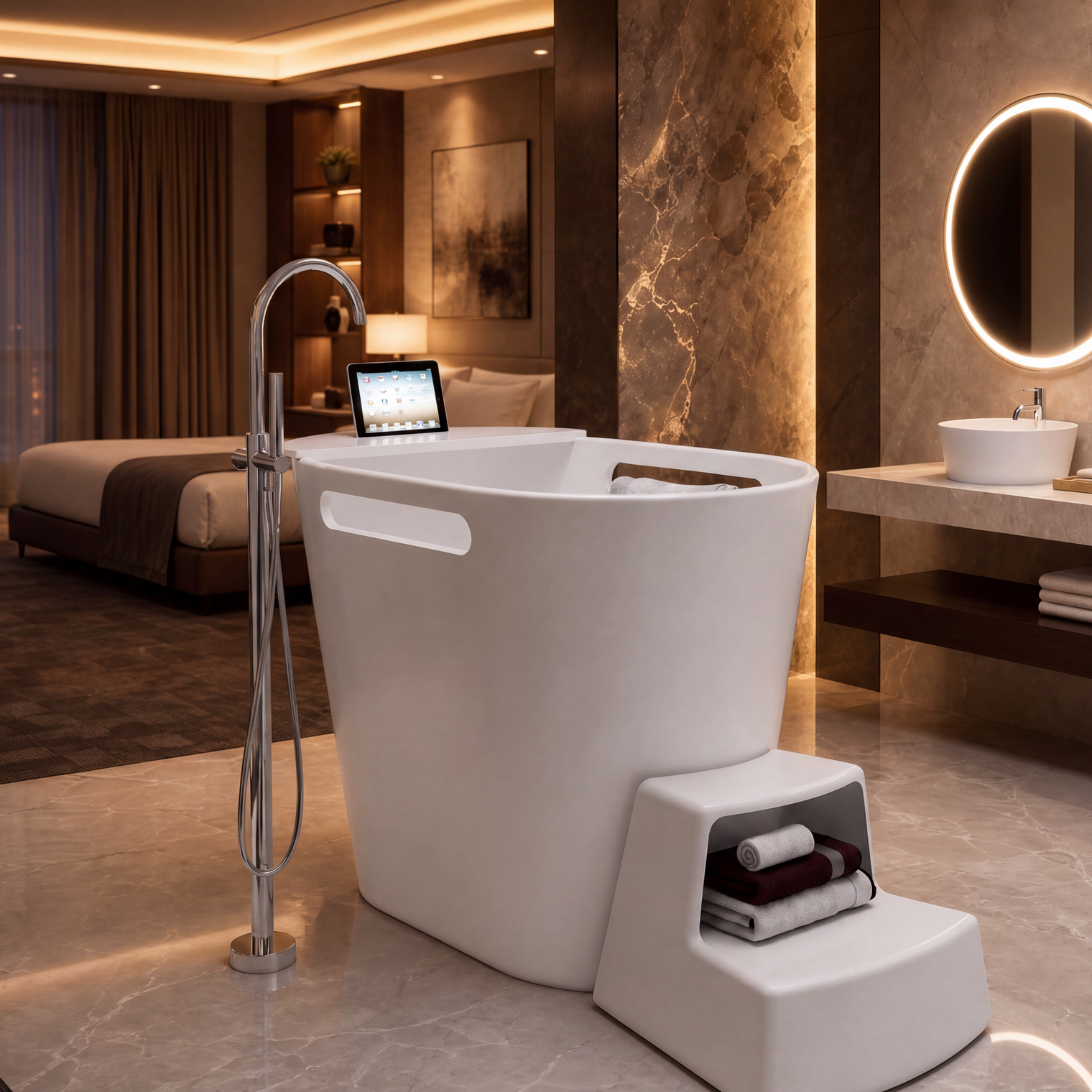A modern freestanding white bathtub with an integrated step stool in a luxurious, warmly lit bathroom. The tub features a chrome faucet with a built-in tablet screen, and the background shows a high-end bedroom and illuminated vanity.