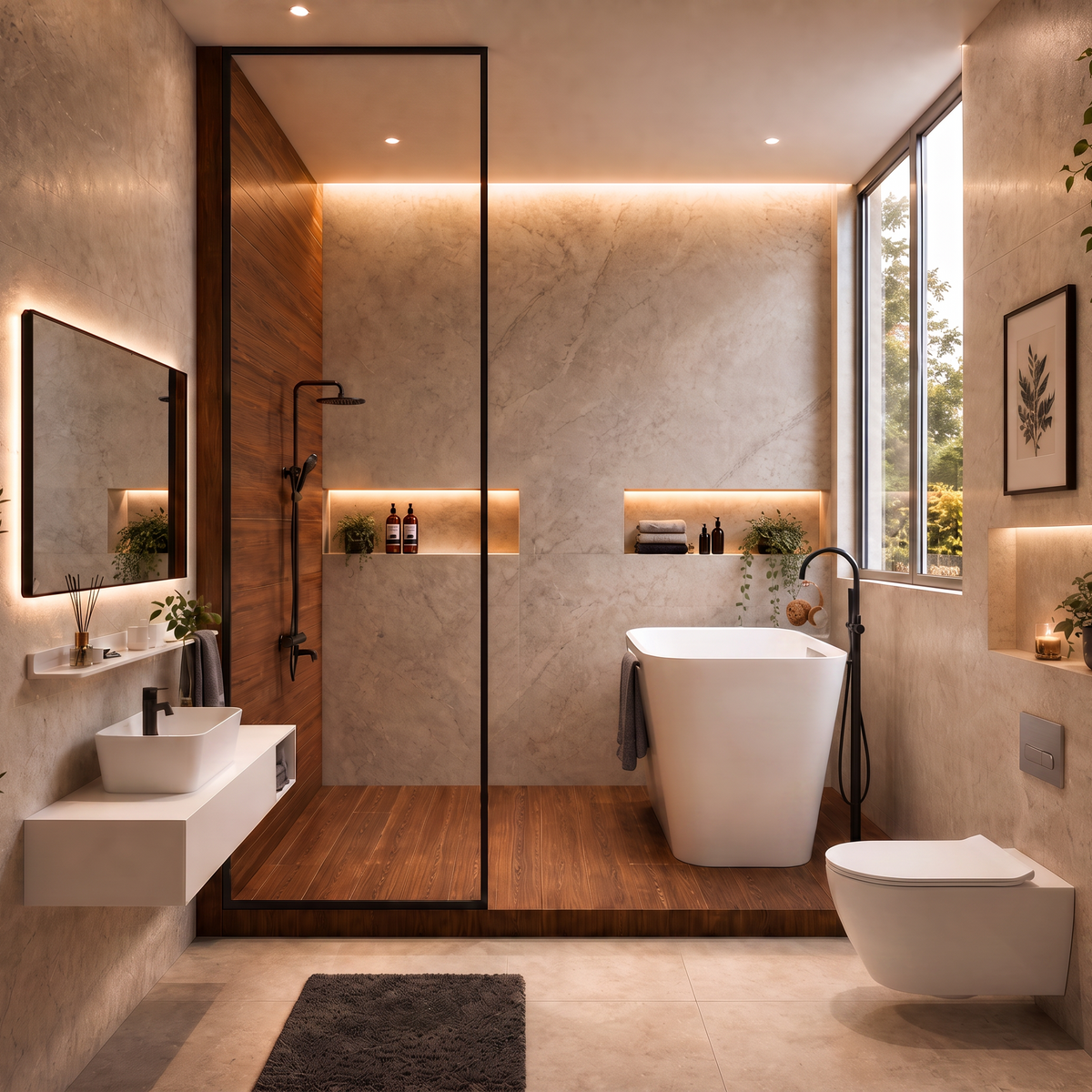 A modern bathroom interior with a freestanding white bathtub, wall-mounted sink, toilet, black-framed glass shower enclosure, wood-look flooring, and warm ambient lighting.