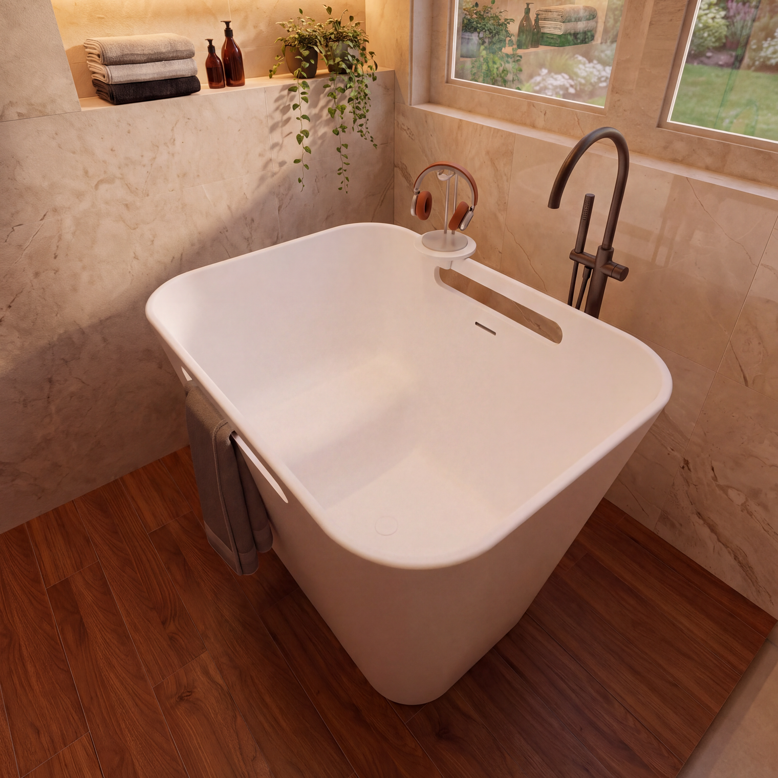 A freestanding white bathtub with a modern dark metal faucet, set in a bathroom with beige stone walls, a wood floor, and a window looking out to greenery.