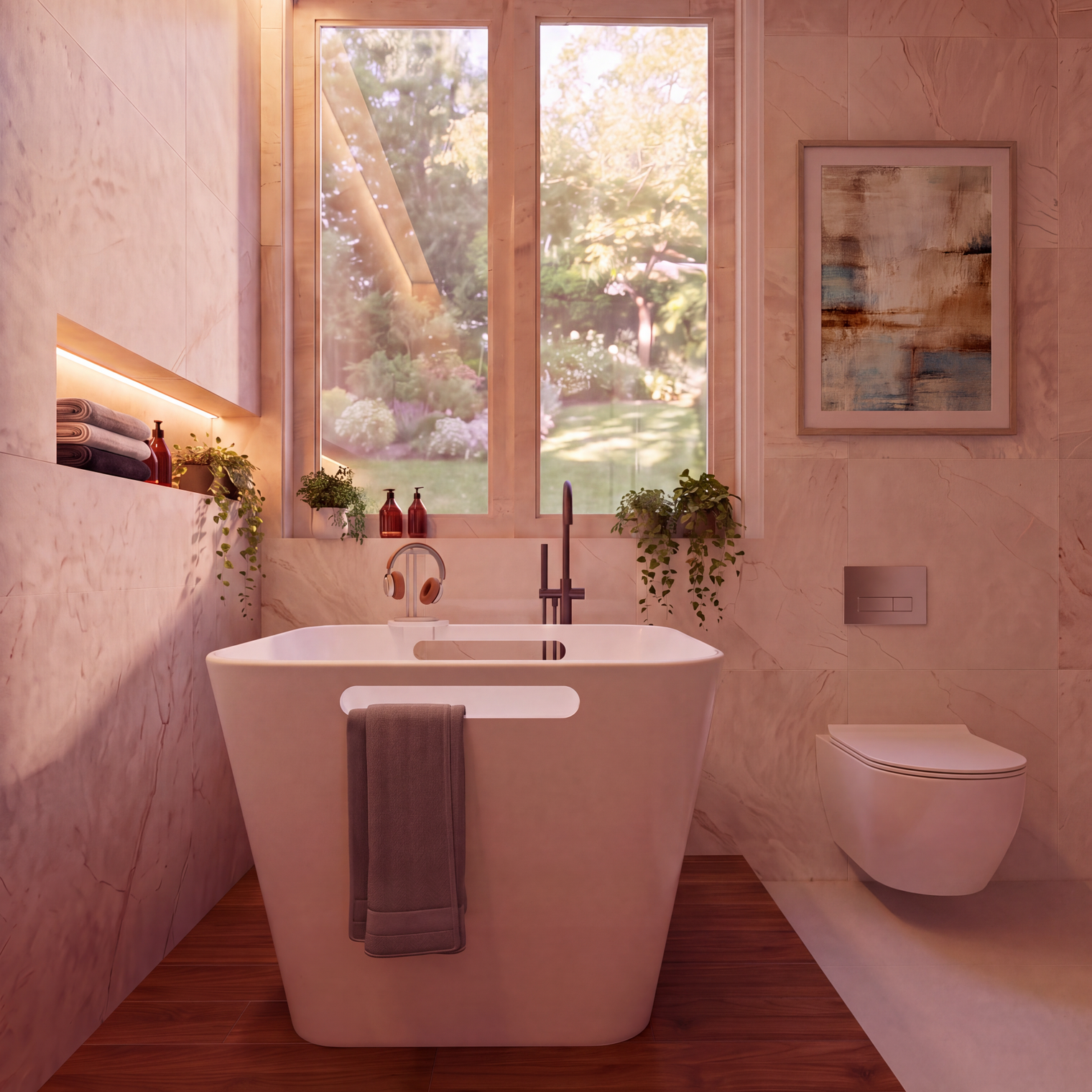 A modern freestanding bathtub in a warm-toned bathroom with wood flooring, textured walls, a window looking out to greenery, a wall-mounted toilet, and framed wall art.