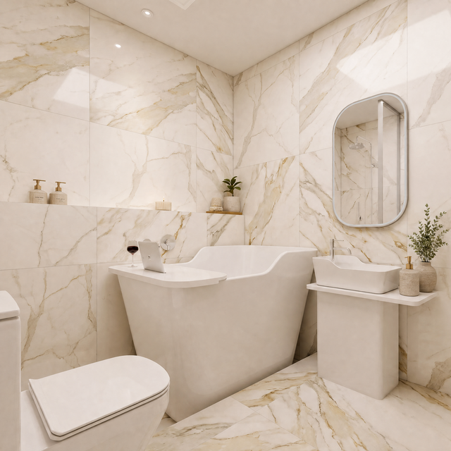 A modern bathroom interior with beige marble-look wall and floor tiles, featuring a freestanding bathtub, a vessel sink on a pedestal, a wall mirror, and a toilet.