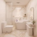 A modern bathroom featuring a freestanding bathtub, a wall-mounted toilet, a vanity with a sink and mirror, and a glass shower enclosure, all set in warm beige marble-look tile.