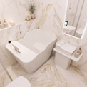 A modern bathroom featuring a white freestanding bathtub, a matching white pedestal sink with a rectangular basin, and a large illuminated rectangular mirror. The space is decorated with beige and white marble-look tiles, and small decorative items are placed on the shelves and countertop.