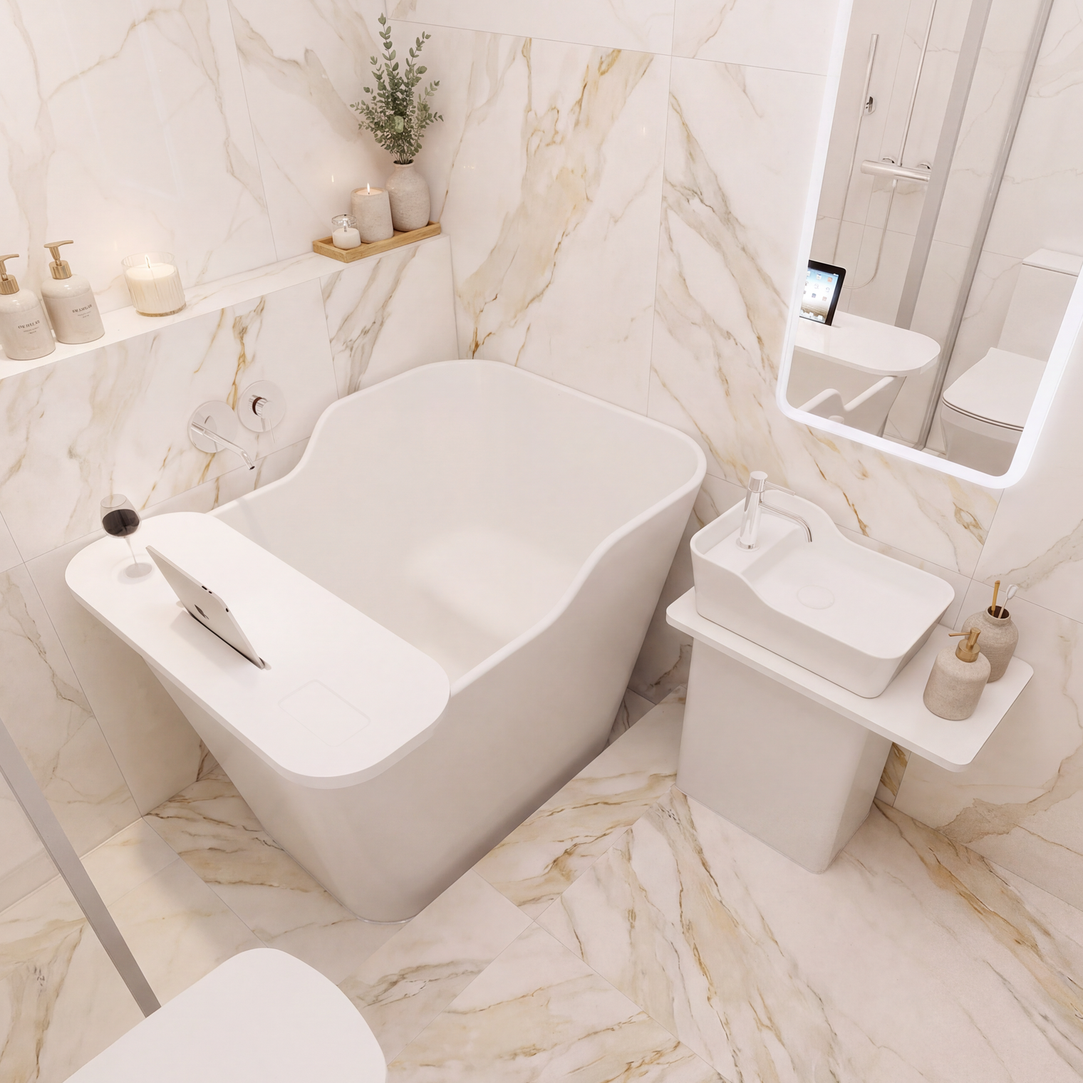 A modern bathroom featuring a white freestanding bathtub, a matching white pedestal sink with a rectangular basin, and a large illuminated rectangular mirror. The space is decorated with beige and white marble-look tiles, and small decorative items are placed on the shelves and countertop.