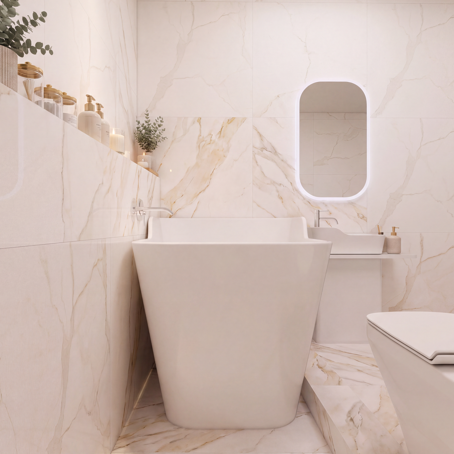 A modern bathroom interior with a freestanding white pedestal sink, a toilet, a wall-mounted oval illuminated mirror, and marble-look tile walls and floor. Decorative plants and small bottles sit on a shelf along the left wall.
