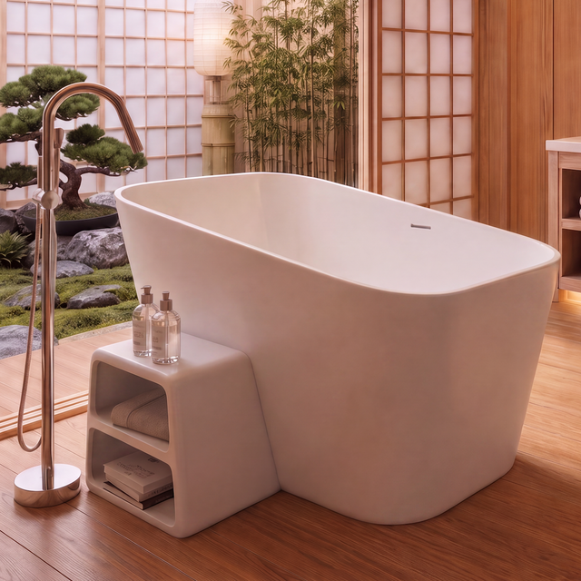 A modern freestanding bathtub in a warm, wood-paneled bathroom with a Japanese-style outdoor garden visible through shoji screens.